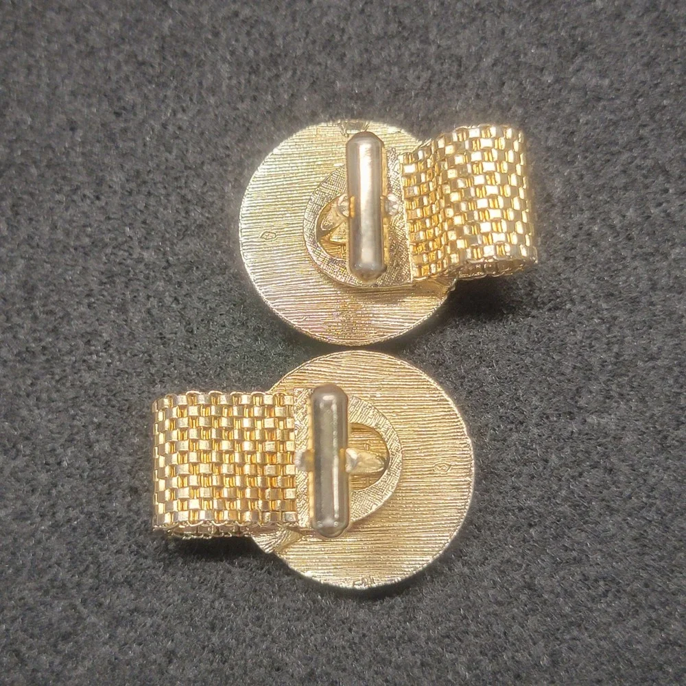 Swank Cufflinks Brown Gold Vintage 1960s Ceramic Delft Windmill Mesh Wrap